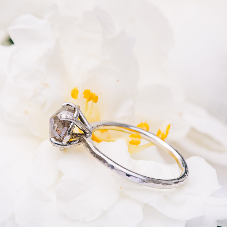 Morning Dew | Salt and Pepper Pear Engagement Ring Hammered Halo 14k White Gold - MTD