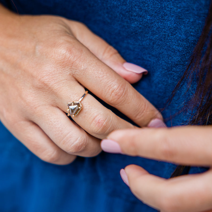Esmeralda | Shield Cut Red Diamond Engagement Ring Hammered Halo and Band - MTD