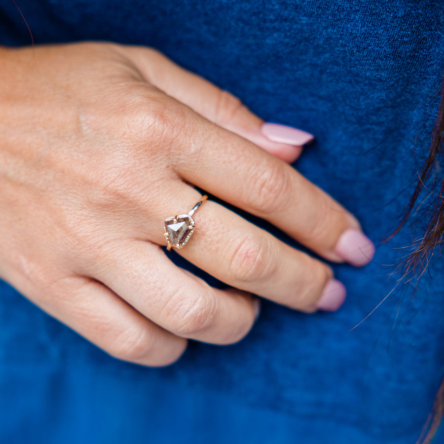 Esmeralda | Shield Cut Red Diamond Engagement Ring Hammered Halo and Band - MTD
