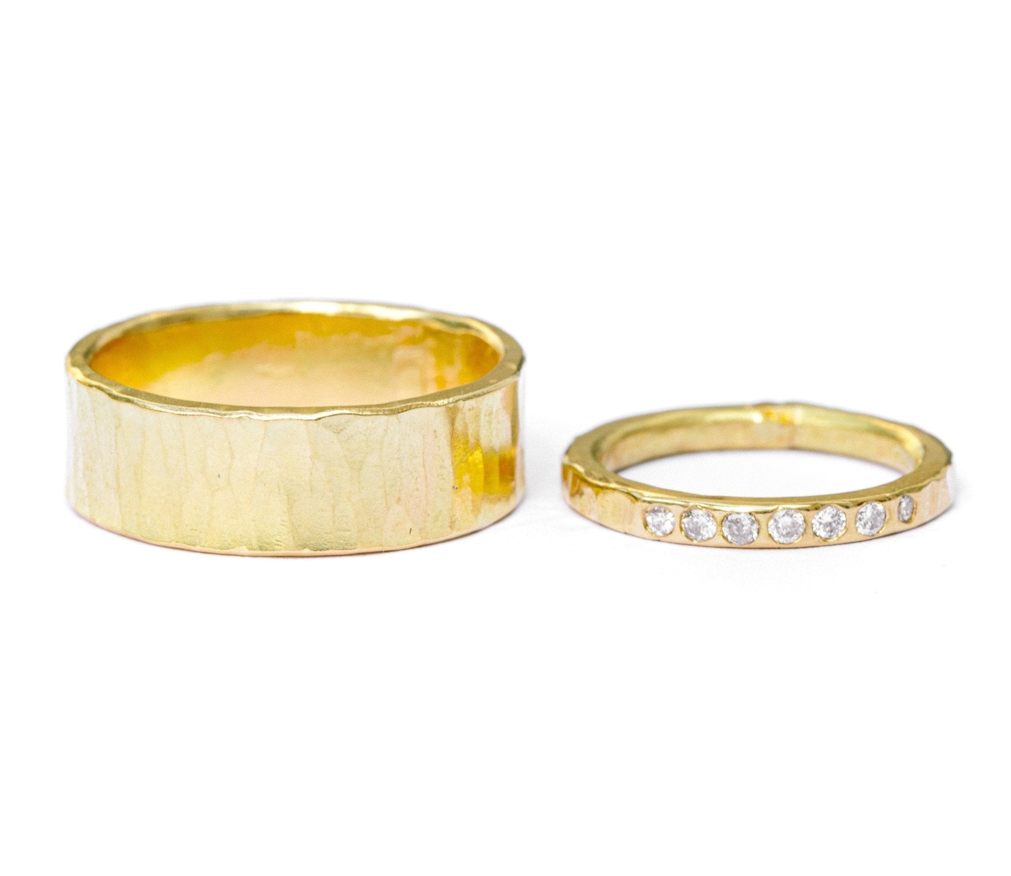 Dawn Hammered Wedding Band Set | His and Hers Hammered Diamond Wedding Rings - MTD
