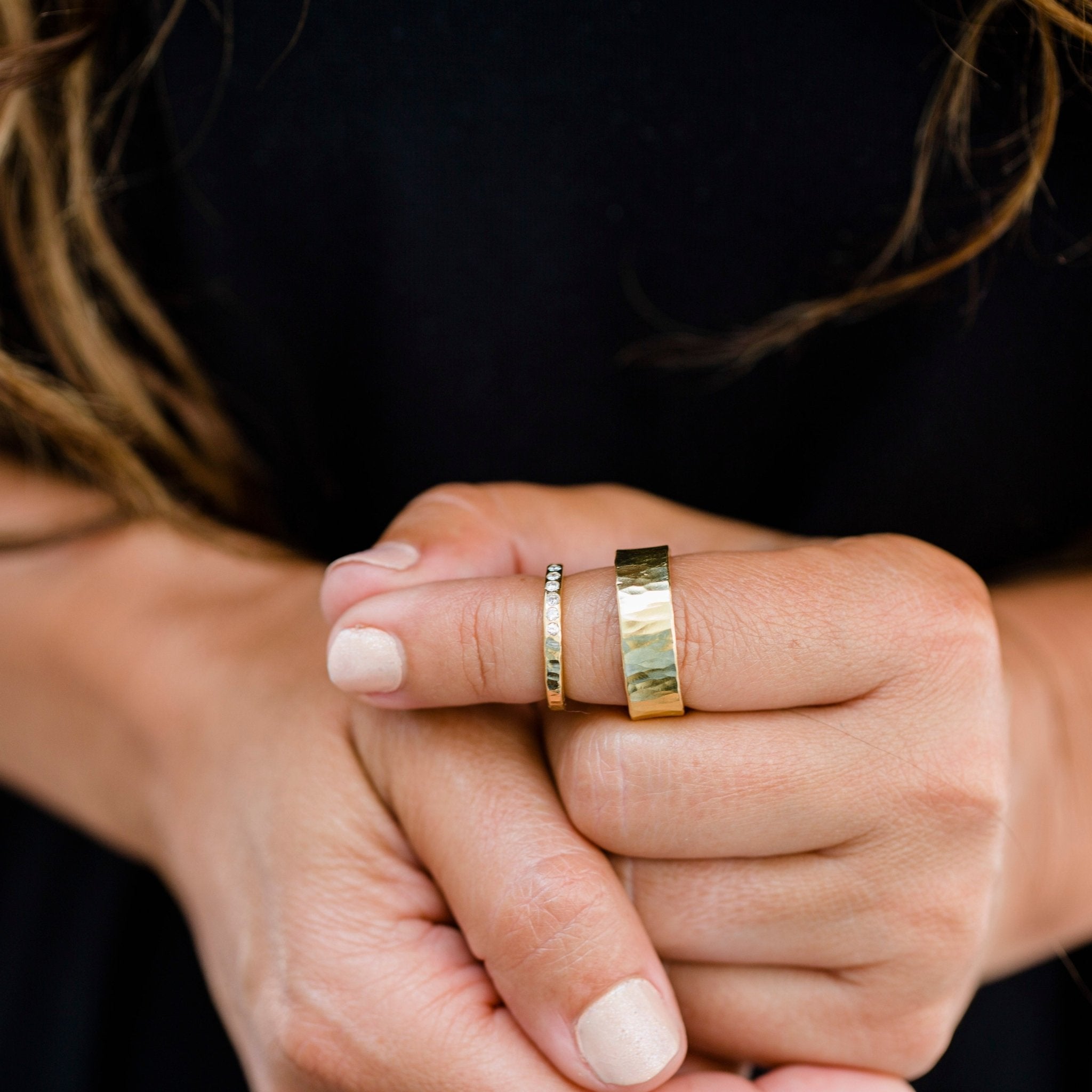 Dawn Hammered Wedding Band Set | His and Hers Hammered Diamond Wedding Rings - MTD