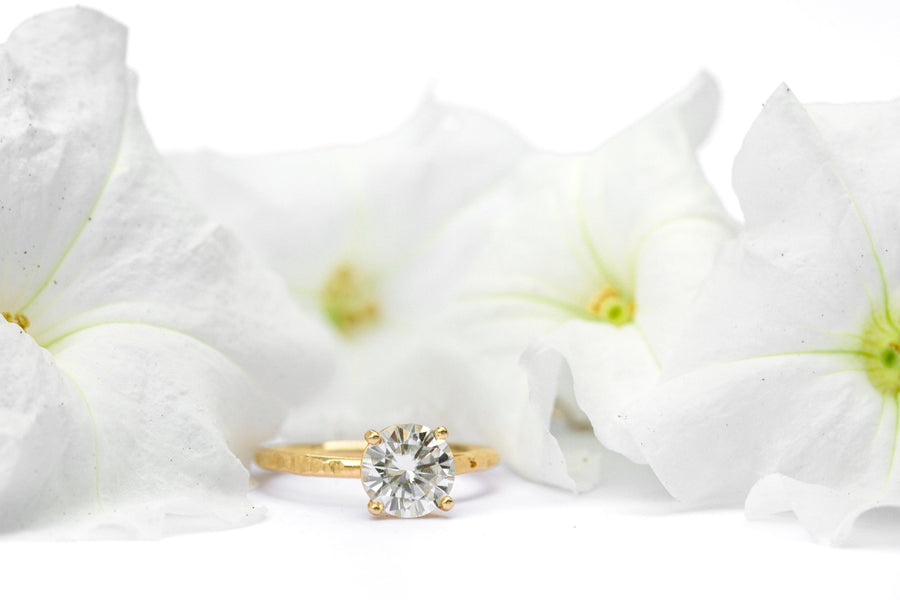 Taylor 2 | Round Moissanite Solitare Engagement Ring Hammered 14k Thin Gold Band - Melissa Tyson Designs