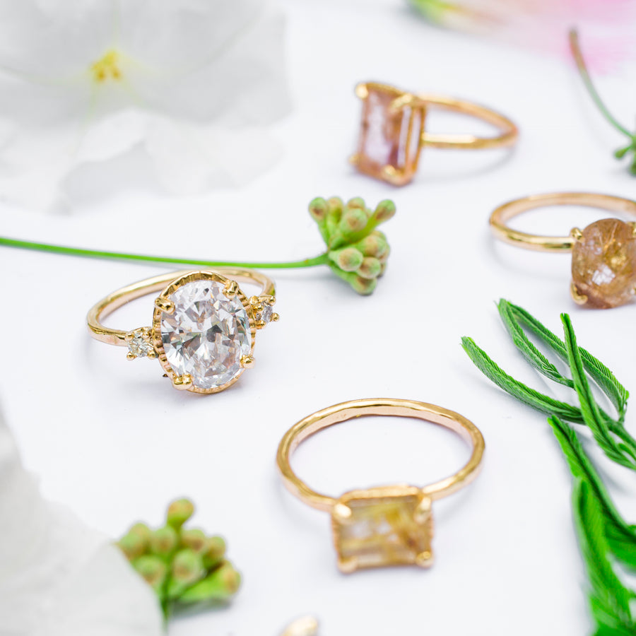 Meghan Three Stone Moissanite Engagement Ring Hammered Halo 14k Recycled Gold - Melissa Tyson Designs
