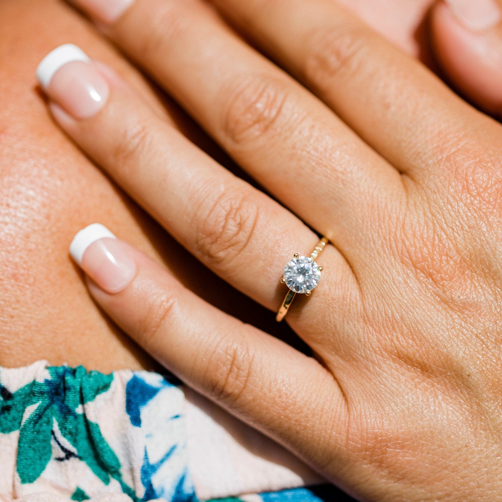 Petite Taylor Hammered | Round Moissanite Solitaire Engagement Ring Hammered 14k Thin Gold Band - MTD