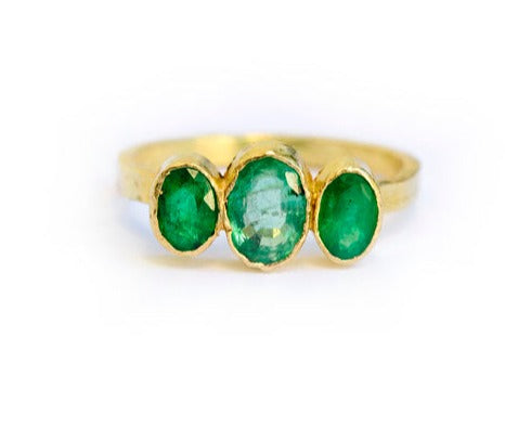 Triple Emerald Engagement Ring | Hammered 18k Gold Ring - Melissa Tyson Designs