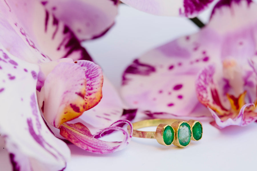 Triple Emerald Engagement Ring | Hammered 18k Gold Ring - Melissa Tyson Designs