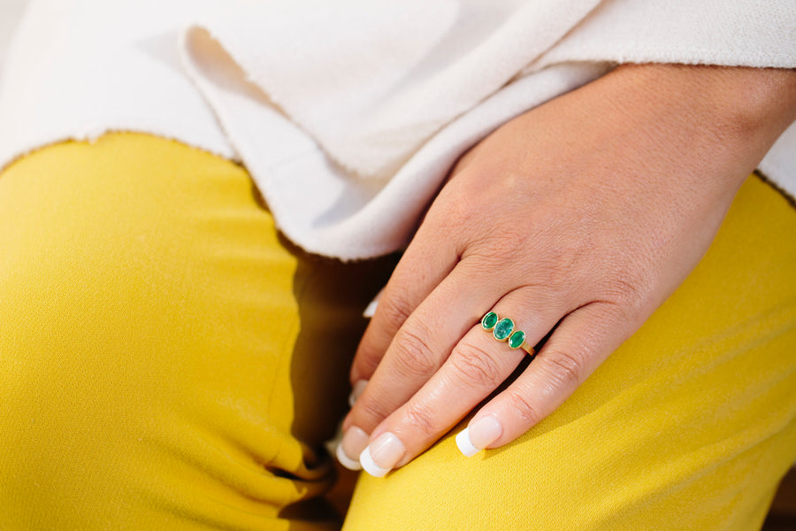 Triple Emerald Engagement Ring | Hammered 18k Gold Ring - Melissa Tyson Designs