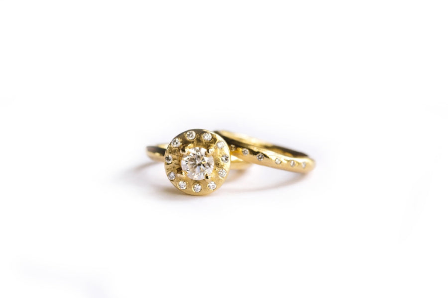 Halo Moon Engagement Ring Set | Diamond Halo Engagement Ring and Diamond Wedding Band Set 14k Recycled Gold - Melissa Tyson Designs