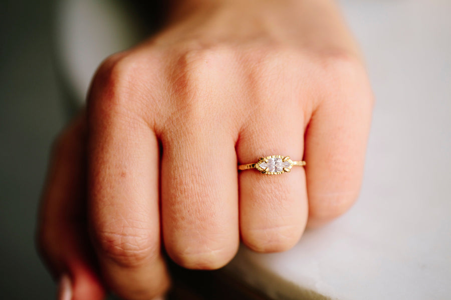 Fluttering Engagement Ring Set | Marquise Diamond Engagement Ring Hammered 14k Gold - Melissa Tyson Designs