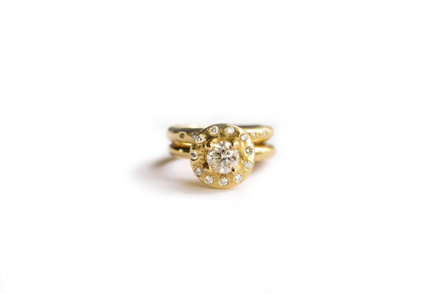 Halo Moon Engagement Ring Set | Diamond Halo Engagement Ring and Diamond Wedding Band Set 14k Recycled Gold - Melissa Tyson Designs