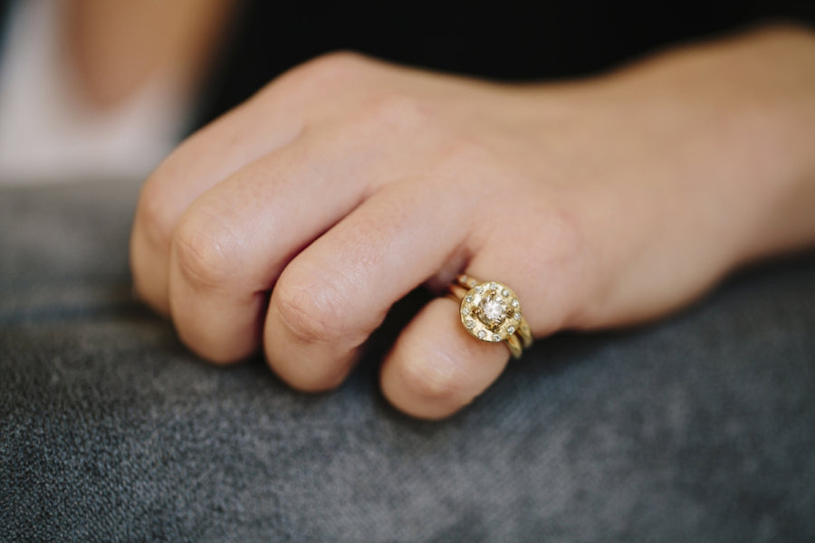 Halo Moon Engagement Ring Set | Diamond Halo Engagement Ring and Diamond Wedding Band Set 14k Recycled Gold - Melissa Tyson Designs