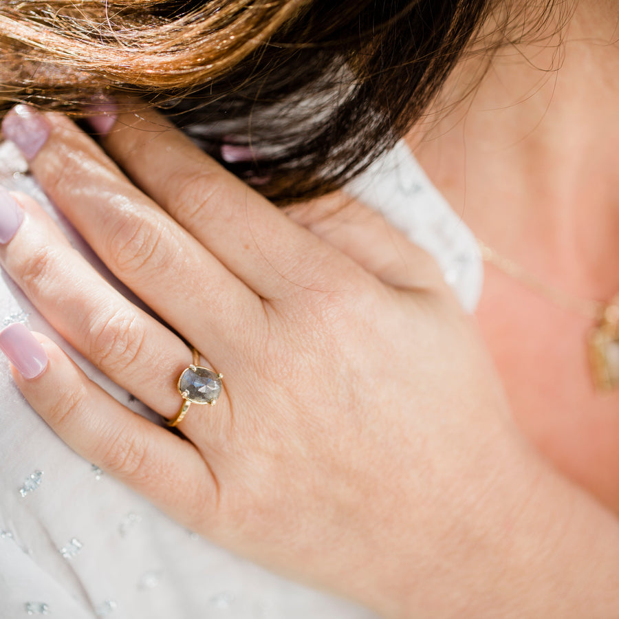 Serina | Oval Gray Diamond Engagement Ring Hammered 14k Gold - Melissa Tyson Designs