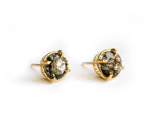 Black Wisp Studs | Tourmaled Quartz Studs Hammered 14k Gold - Melissa Tyson Designs