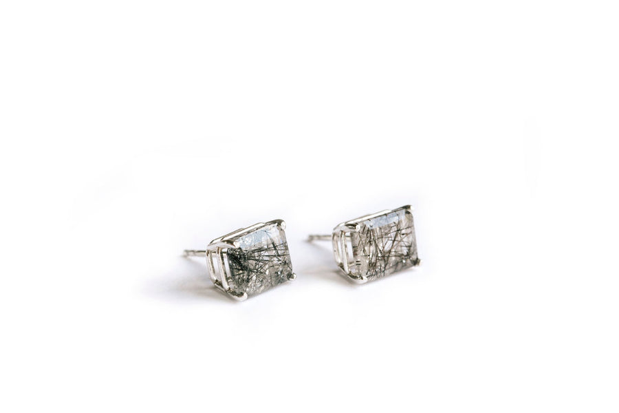 Black Tourmalated Quartz Earrings | Emerald Cut Stud Earrings - Melissa Tyson Designs