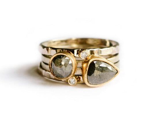 Gray Diamond Stacking Rings | Hammered Recycled 14k Gold Rose Cut Gray Diamond Stacking Rings - Melissa Tyson Designs