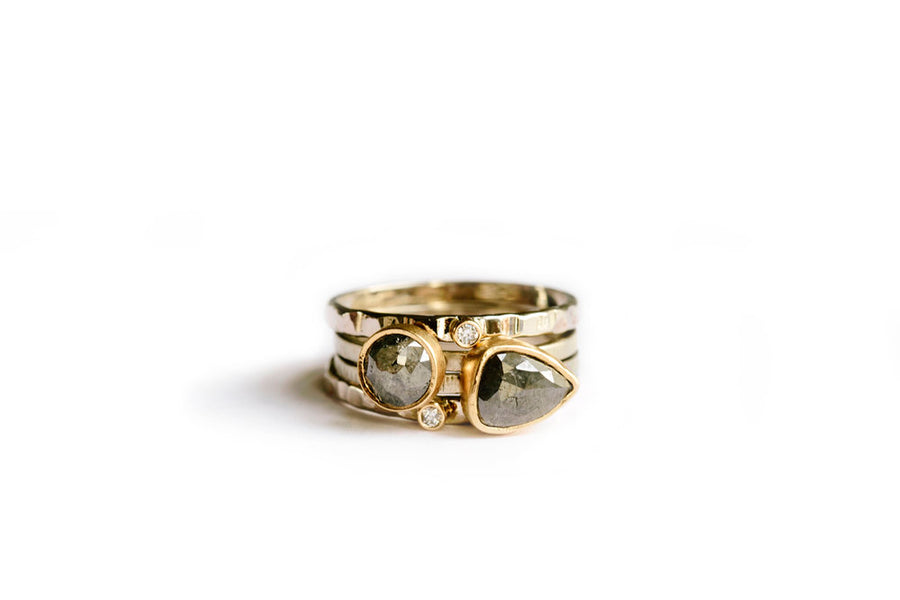 Gray Diamond Stacking Rings | Hammered Recycled 14k Gold Rose Cut Gray Diamond Stacking Rings - Melissa Tyson Designs