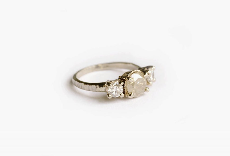 Triple Gray Diamond Engagement Ring Hammered 14k White Gold - Melissa Tyson Designs
