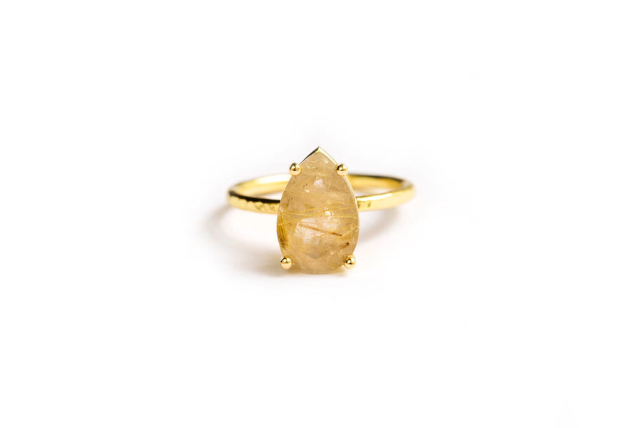 Wisp Pear | Rutilated Quartz Engagement Ring in 18k Hammered Gold - Melissa Tyson Designs
