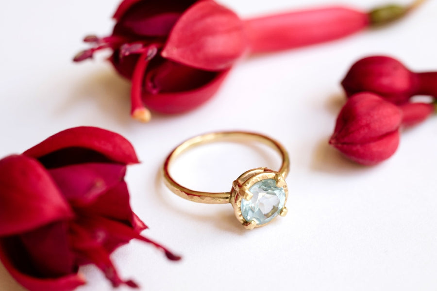 Blue Skies | Sky Blue Topaz Engagement Ring 14k Hammered Gold - Melissa Tyson Designs