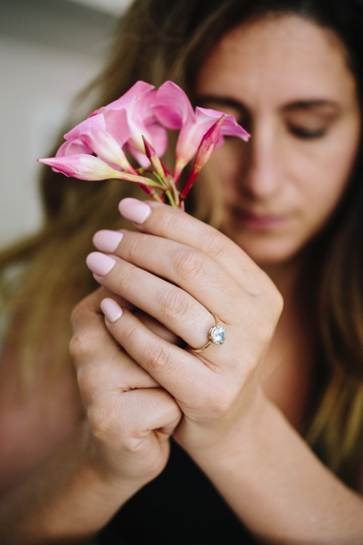 Blue Skies | Sky Blue Topaz Engagement Ring 14k Hammered Gold - Melissa Tyson Designs