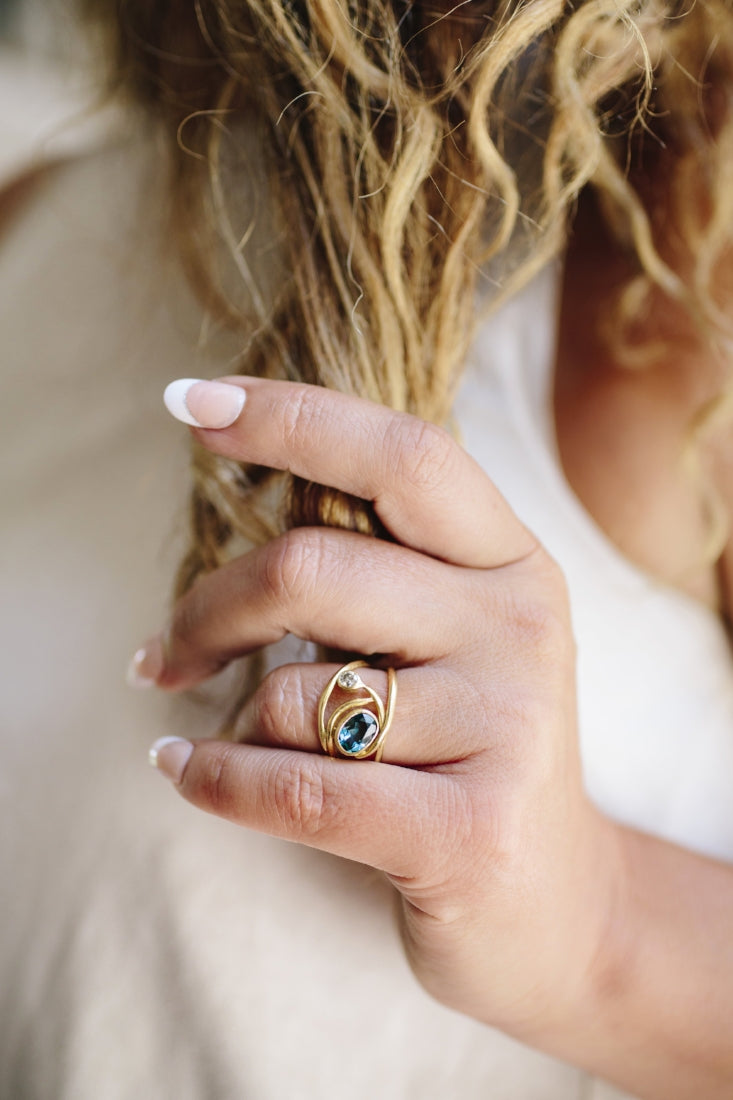 Blue Dahlia | Organic Split Band Engagement Ring Diamond & Blue Topaz - Melissa Tyson Designs