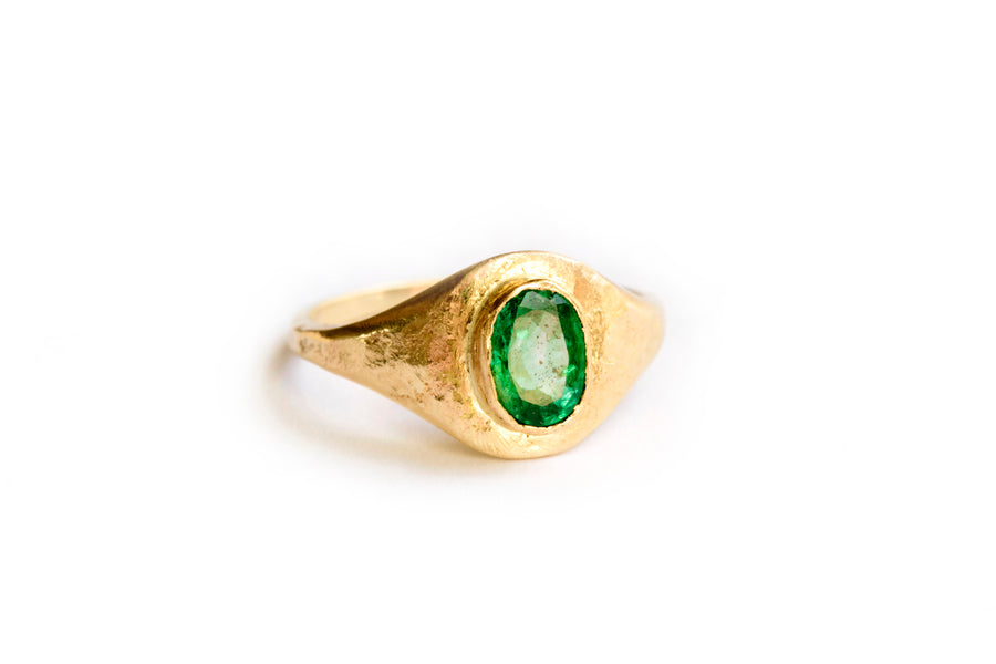 Emerald Signet Engagement Ring Hammered 14k Gold - Melissa Tyson Designs