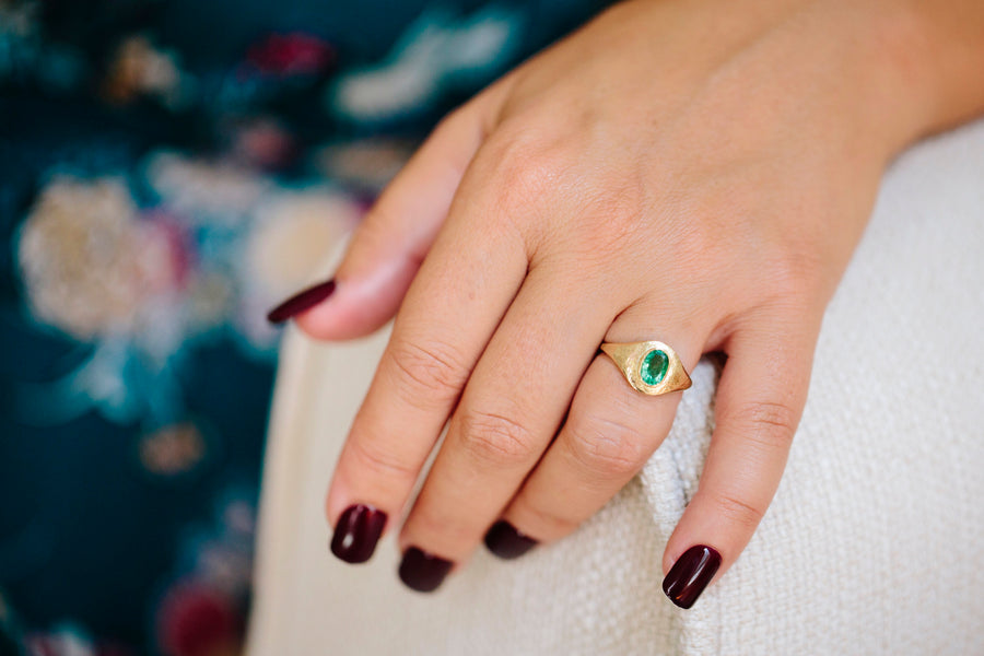 Emerald Signet Engagement Ring Hammered 14k Gold - Melissa Tyson Designs