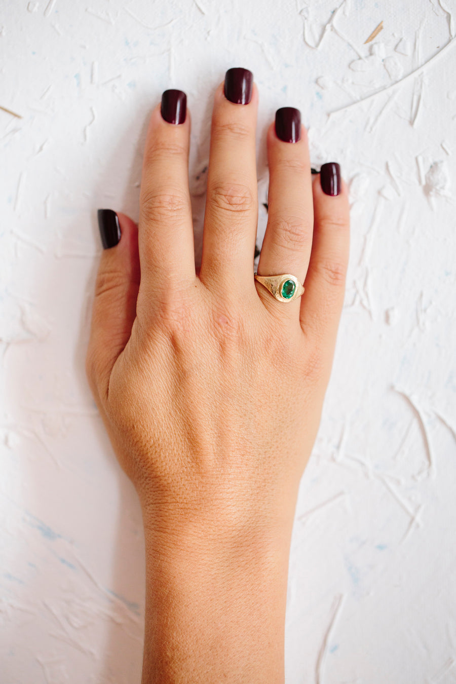 Emerald Signet Engagement Ring Hammered 14k Gold - Melissa Tyson Designs