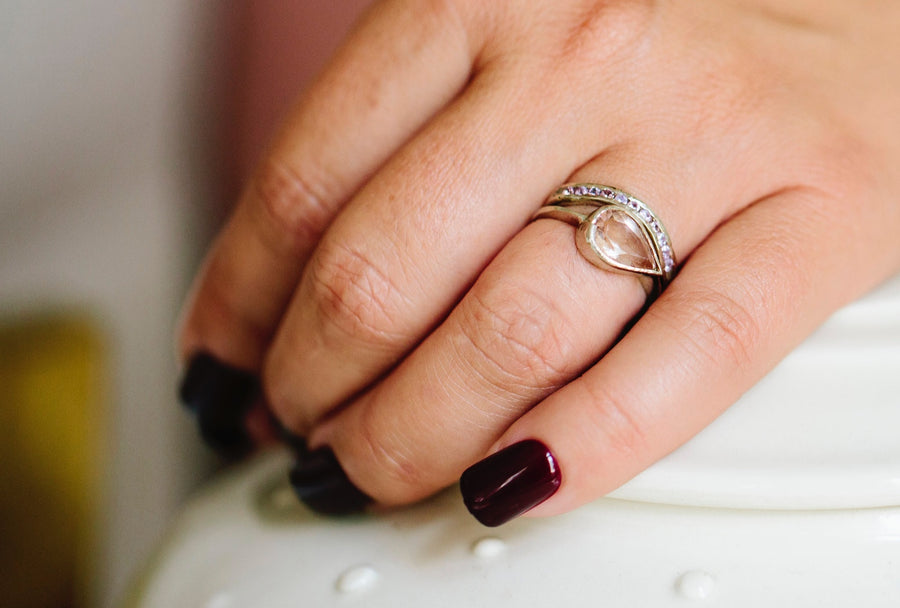 Pink Sunrise | Pink Pear Morganite Engagement Ring Set - Melissa Tyson Designs