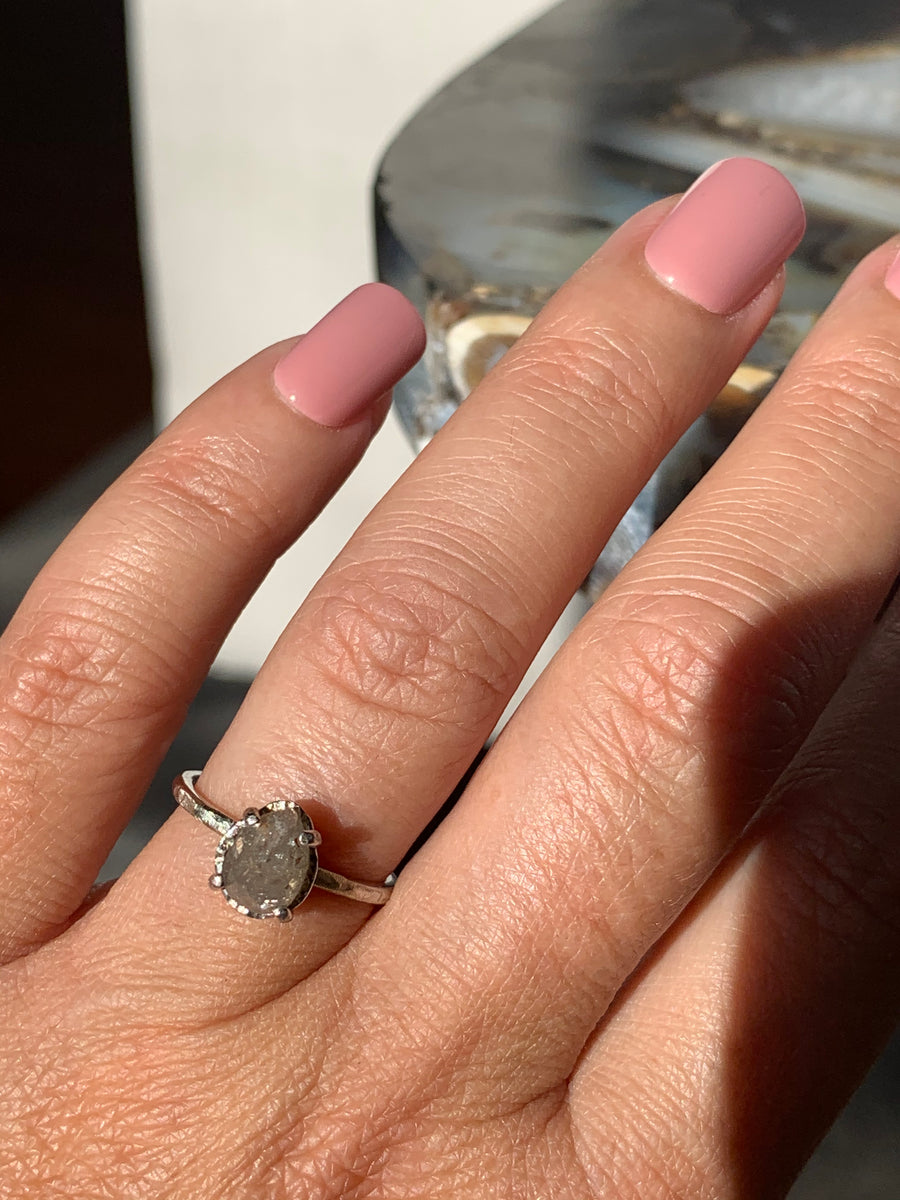 Morning Dew | Salt and Pepper Pear Engagement Ring Hammered Halo 14k White Gold - MTD