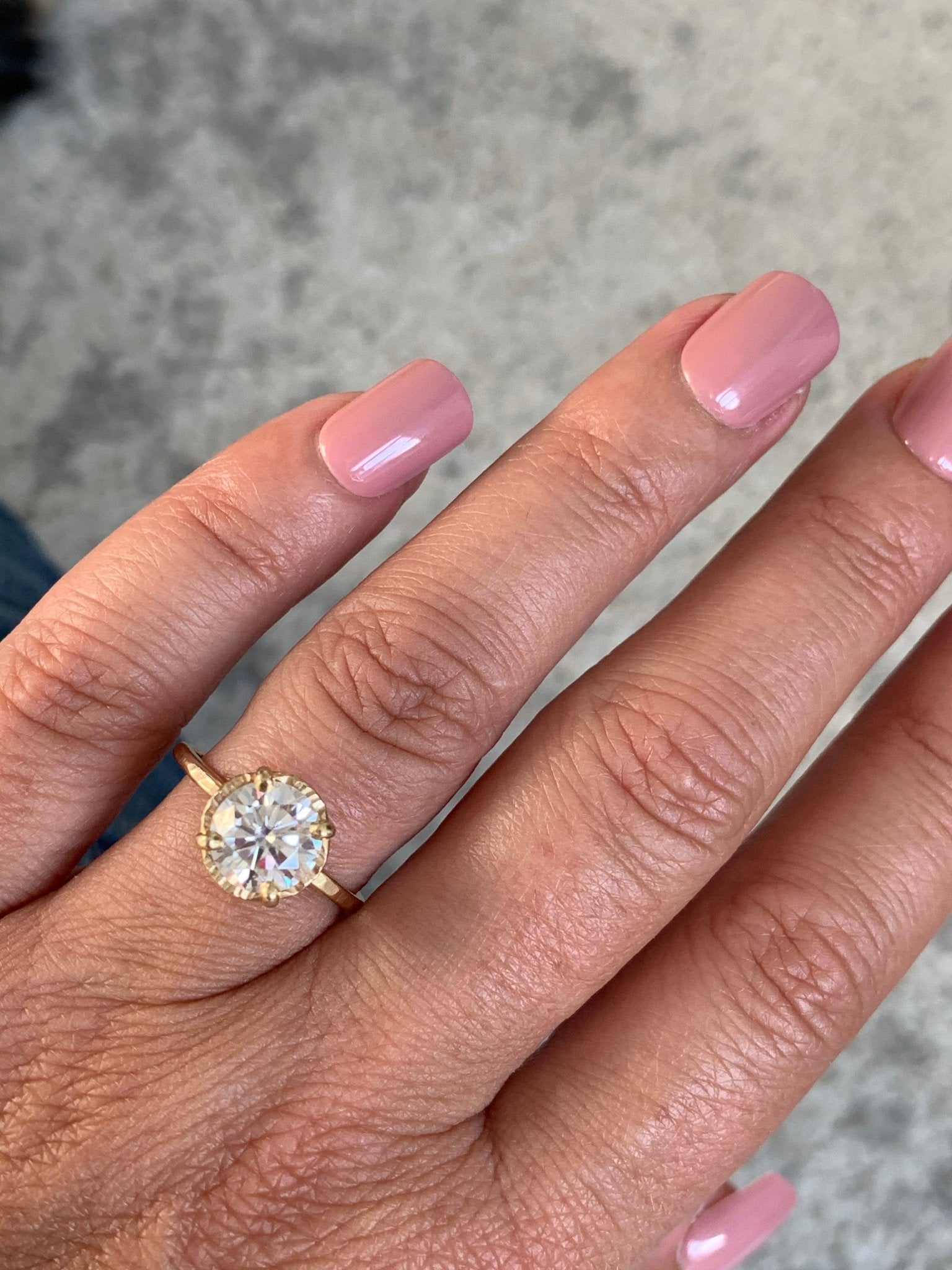 Shine Bright | 2ct Round Moissanite Engagement Ring Hammered Halo 14k Yellow Gold - MTD