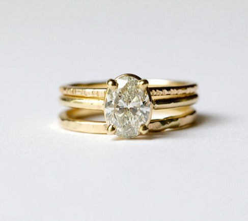 Sarina | Oval Diamond Thin Band Engagement Ring Stacking Set 14k Hammered Gold - Melissa Tyson Designs