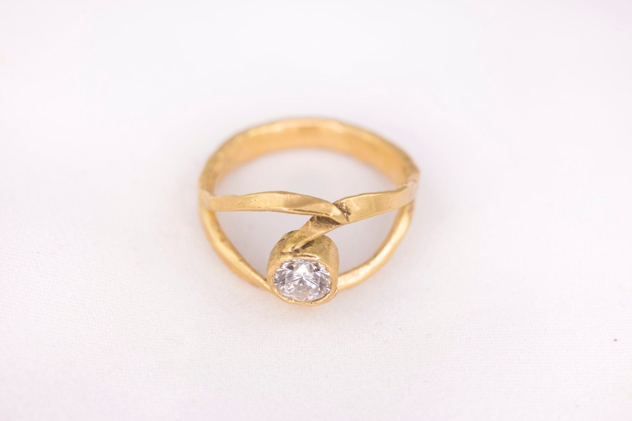 Vyolet Lab Diamond Engagement Ring Split Shank Hammered Organic Band - MTD