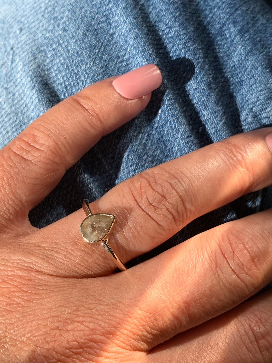 Heidi | Champagne Pear Rose Cut Diamond Bezel Set Smooth Round Band - MTD