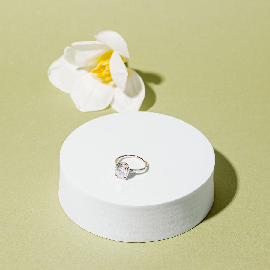 Ahna | Oval Moissanite Engagement Ring Hammered Halo Thin Band- Ready to Ship - MTD